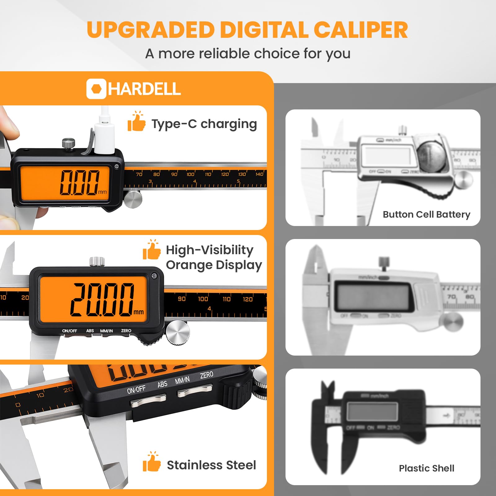 HARDELL Digital Caliper, Rechargeable Digital Caliper with Large Orange Screen - Anti-Glare LCD & ABS Function, Auto-Off Digital Micrometer, Inch/Metric Stainless Steel Micrometer for DIY, Workshop