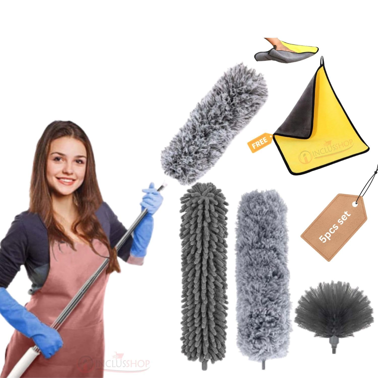 LIKE 2 STORE® 3 in 1 Microfiber Feather Duster and Microfiber Cleaning Cloths 5pcs Combo Bendable 100in Pole Handle Extendable with Washable Duster for High Ceiling Fans,Window,Blinds,Furniture (Gray)