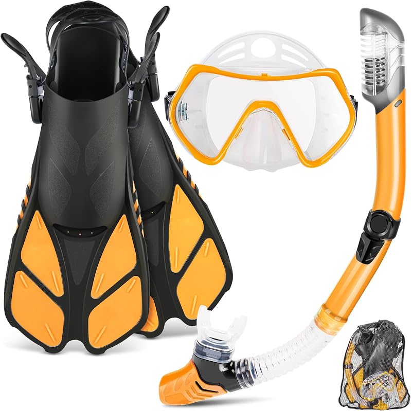 ZEEPORTE Juego de snorkel con aletas y máscara, equipo de snorkel de tamaño de viaje para adultos con máscara antivaho de vista panorámica, aletas de trekking, snorkel con parte superior seca y bolsa de equipo para entrenamiento de natación, kit de snorkel paquetes de buceo