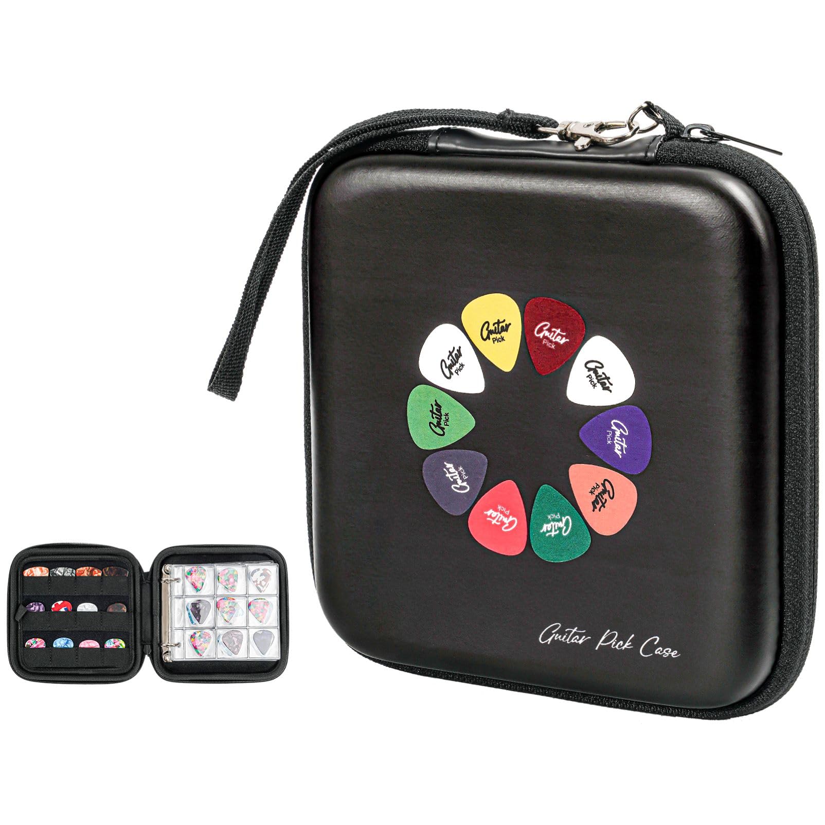 Guitar Pick Case, Pick Holder Stores 84 pcs Guitar Picks Collection Pick Storage Album Book Pick Display Water-Resistant, Durable EVA Material Bag for Guitar Player -Black