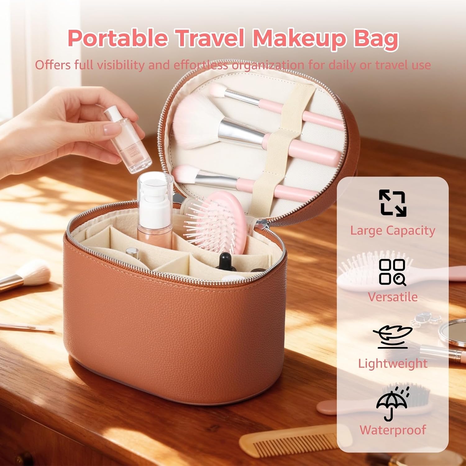 Makeup Vanity Bag for Women - Large Capacity Cosmetic Organizer with Removable Liner, Waterproof PU Leather Skincare Bag, Portable Chic Cosmetic Make Up Case for Skincare, Brushes, Accessories, Brown - Image 3