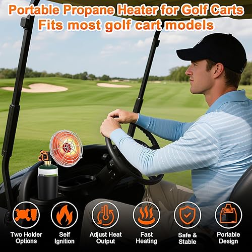 Miniatura 7 de Calentador de carrito de golf, calentador de propano portátil de 9200 BTU con base doble, soporte para tazas y soporte de cilindro plegable, para