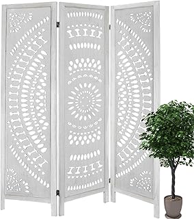 3 Panel Room Divider, 67 Inch Folding Room Divider, Wood Carved Privacy Screens, Bohemian Style Portable Partition Wall Divider for Room Separation (White)