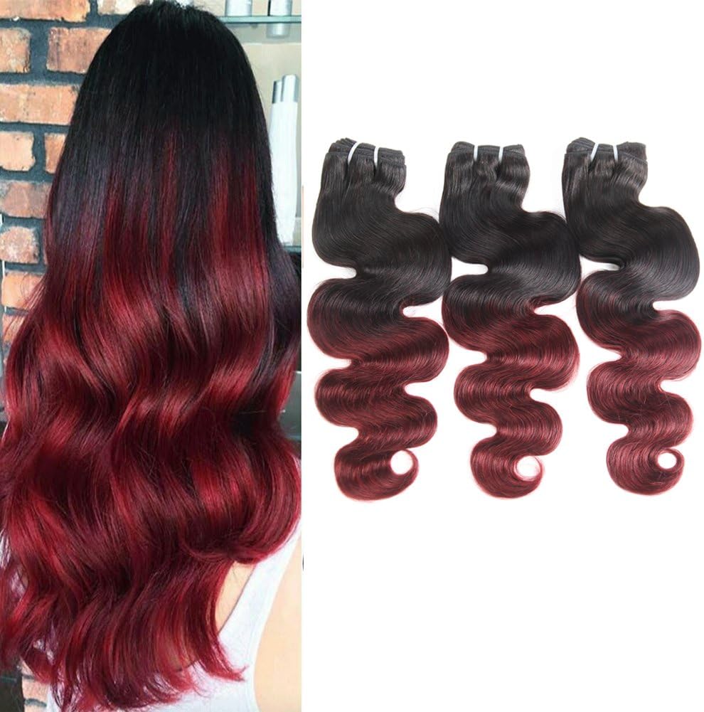 Huarisi 1b/99j Weaves Brazilian Hair Body Wave 3 Bundle Real Ombre Human Hair Extensions Natural Black to Burgundy Double Weft Two Tone 8a Grade Hair 16 18 20 Inches