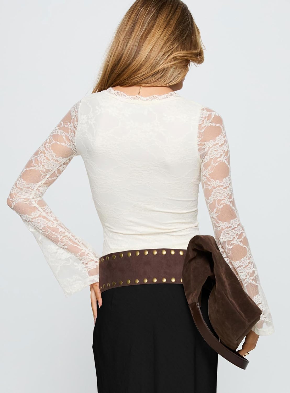 INFITTY Women's Lace Bell Sleeve Crop Tops V-Neck Long Sleeve Shirts Double Lined Slim Fit Blouses Outfits - Image 3