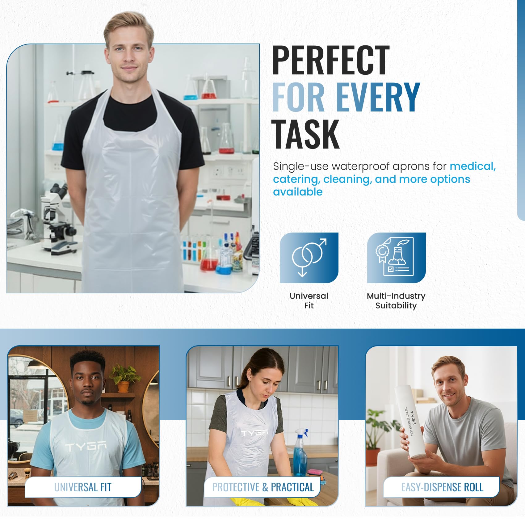 TYGA Store | 200 tabliers blancs jetables sur un rouleau – Tablier facile à distribuer pour médical, nettoyage, peinture, coiffeurs, pâtisserie et chefs – EPI (rouleau de 200) (1)