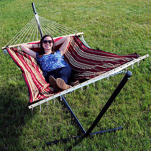 Sunnydaze Rope Hammock with Stand for Outside- 275-Pound Capacity - Includes 12-Foot Hammock Stand, Spreader Bar, Pad, and Pillow - Desert Stripe - Image 4