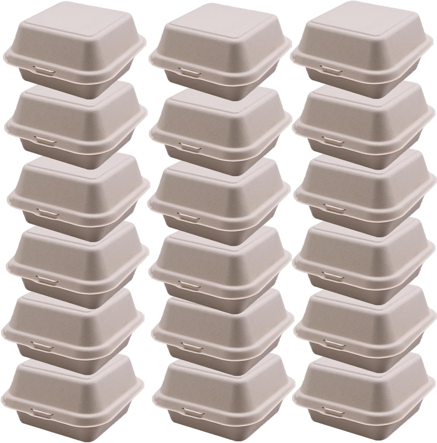 150 Pack Clamshell Take Out Food Containers, 6 x 6 Inches Disposable To-Go Containers with Hinged Lid, Bagasse Bento Cake Box for Hamburger Sandwiches Chips, Microwave & Freezer Safe