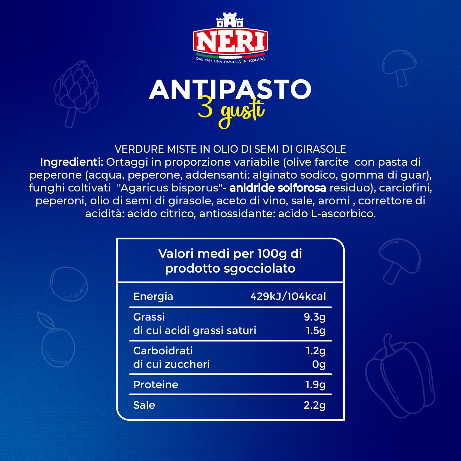 Neri Sottoli - Antipasto Tre Gusti - Ideale per Apertivi o come Contorno - Mix di Funghi coltivati, Olive farcite, Carciofi e Peperoni Rossi e Gialli - 4 confezioni da 290 g