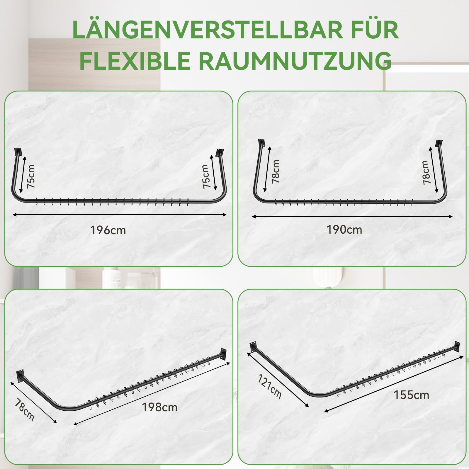 Tringle à rideau de douche en forme U/L [75-78x150-190x75-78] cm, noir | Tringle de douche réglable pour baignoires/douche, barre d'angle inoxydable, avec 20 anneaux de rideau