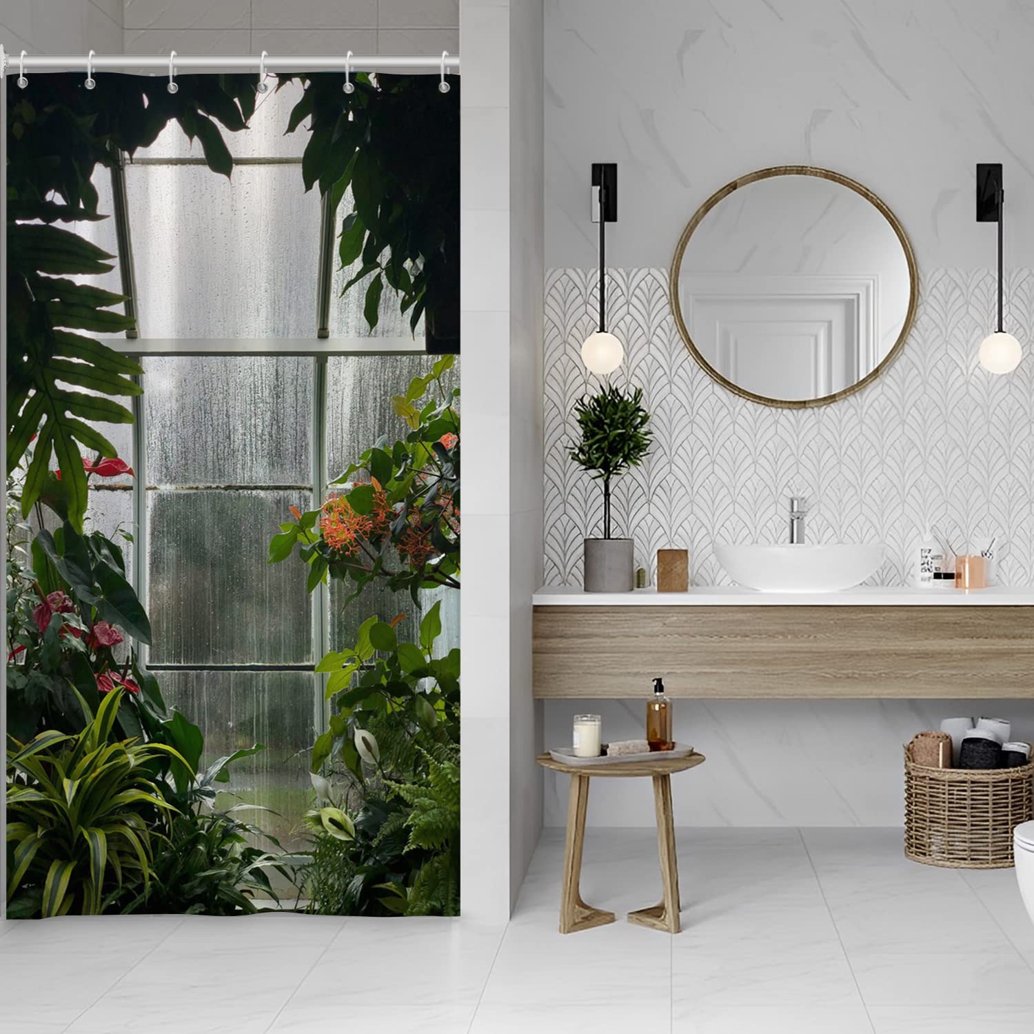 Greenhouse Flower Room Shower Curtains Spring Glass Flowers Green Plants Interior Garden Scenic Machine Washable Fabric Bathroom Curtains Set with Hooks, 36x72 Inch, 72.00" x 36.00"