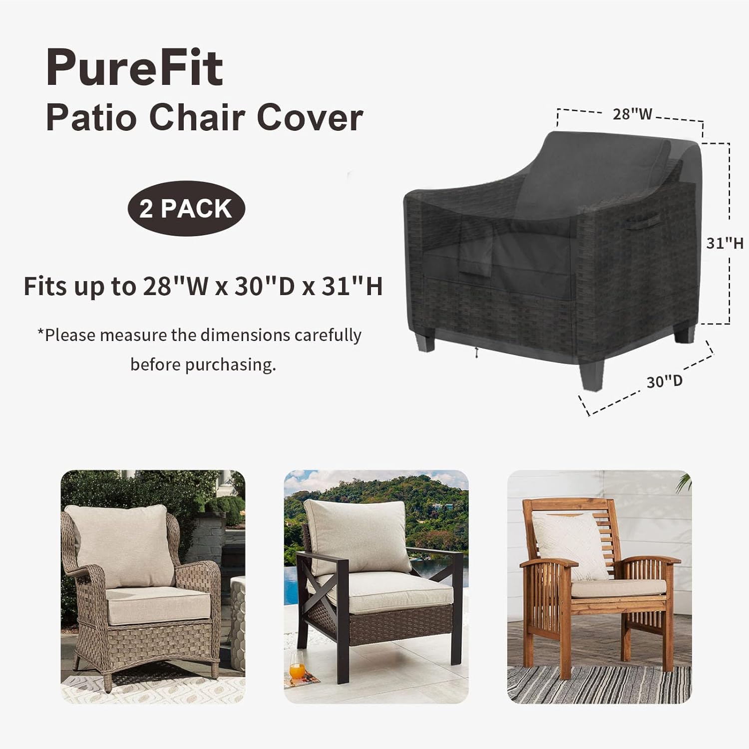 PureFit Outdoor Chair Covers Waterproof 2 Pack Patio Furniture Lawn Chair Covers for Outdoor Furniture with Air Vent and Padded Handles, Fits up to 28W x 30D x 31H Inches, Black
