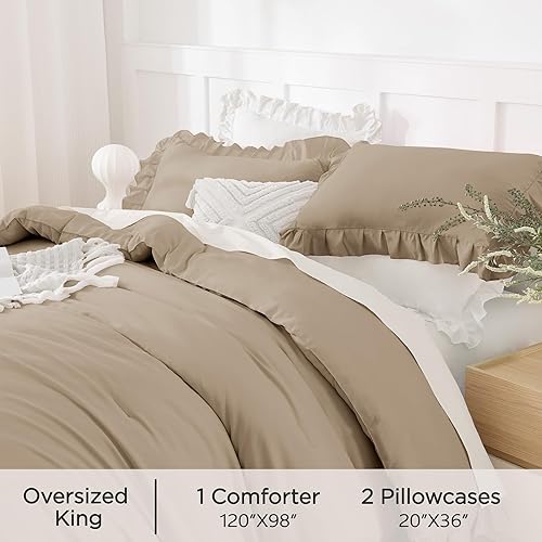 Miniatura 319 de Andency Juego de edredón beige tamaño King, 3 piezas estilo farmhouse shabby chic con volantes, ligero esponjoso suave de microfibra para todas