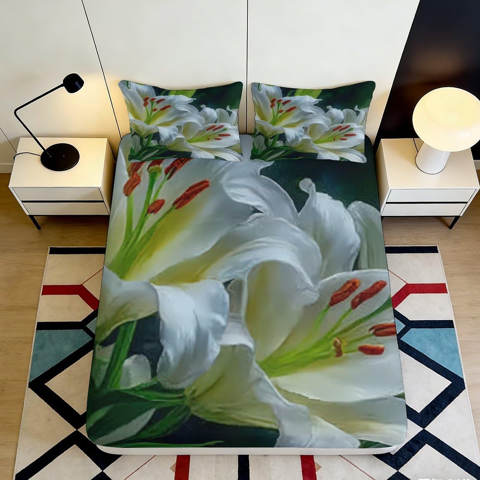 3D Printed Lily Fitted Sheet Microfiber Deep Pocket Bedroom Bedding Lily Mattress Fitted Cover Non-Slip Elastic Wrap Washable 180x200x25cm