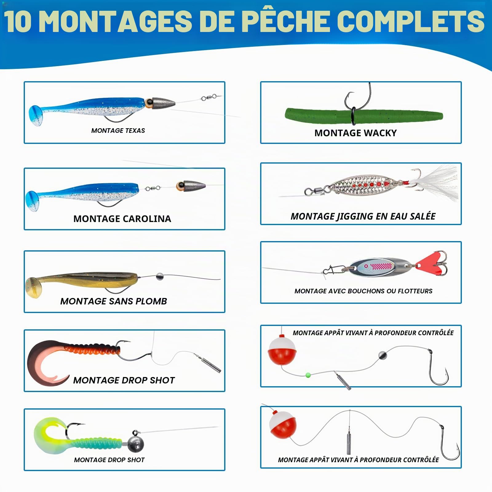 THKFISH Kit de leurres de pêche, kit d'équipement de pêche au bar pour eau douce et salée avec matériel inclus Appâts de surface, appâts spinners, grenouille, crochets/poids Accessoires Cadeau pour
