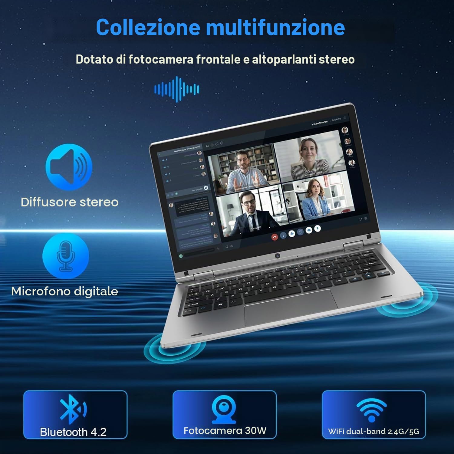 PINSTONE 11,6 Pollici Laptop - Celeron N4020 6 GB di RAM 128 GB di SSD, PC portatile touch pieghevole a 360°, 2,4/5 GHz WiFi, Bluetooth 4.2, W 11P, Mini HDMI, Small Laptop Extension SD - Argento