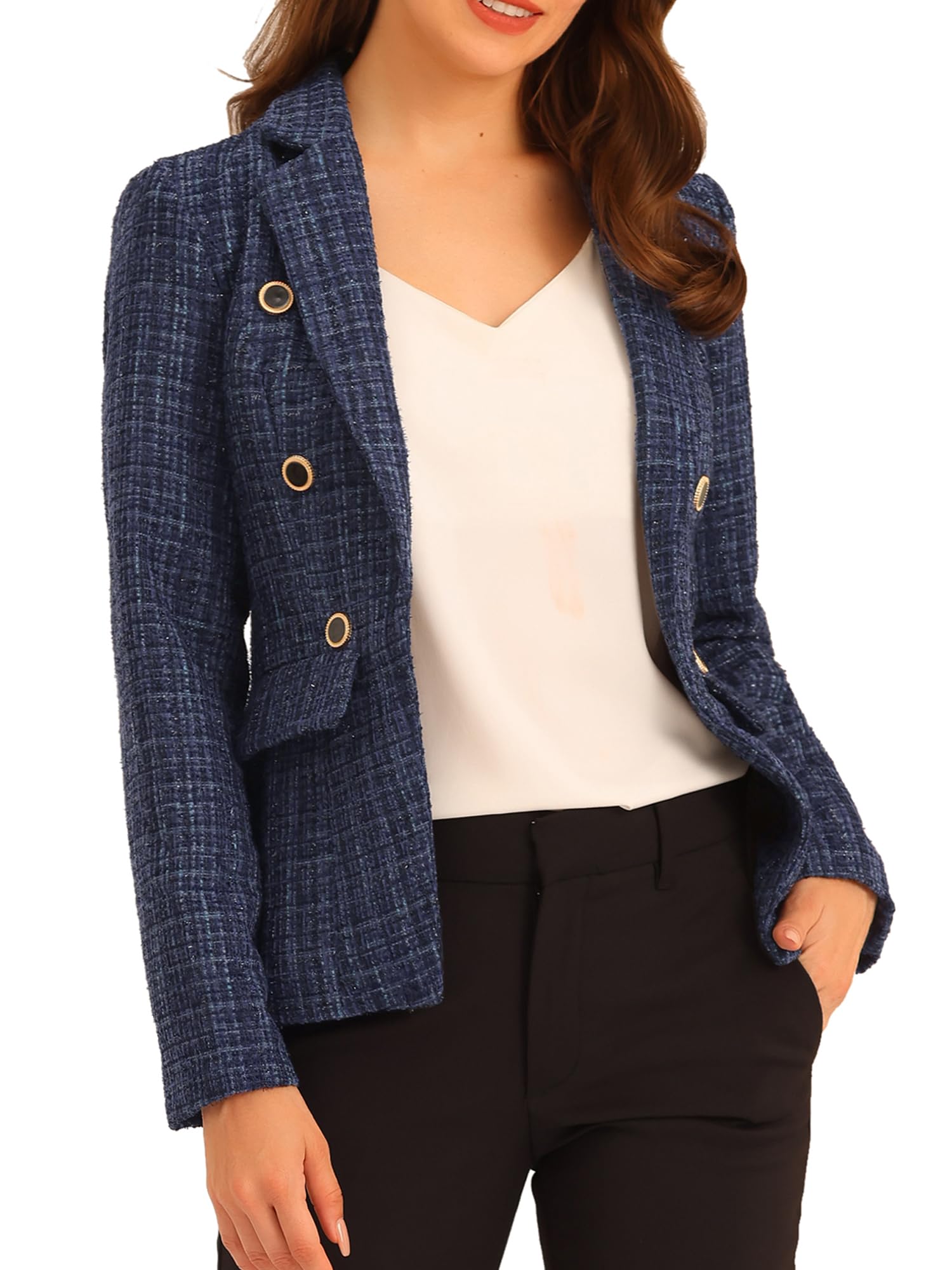 Photo 1 of Allegra K Women's Elegant Plaid Jacket Long Sleeve Open Front Tweed Blazer Medium Dark Blue Sparkly