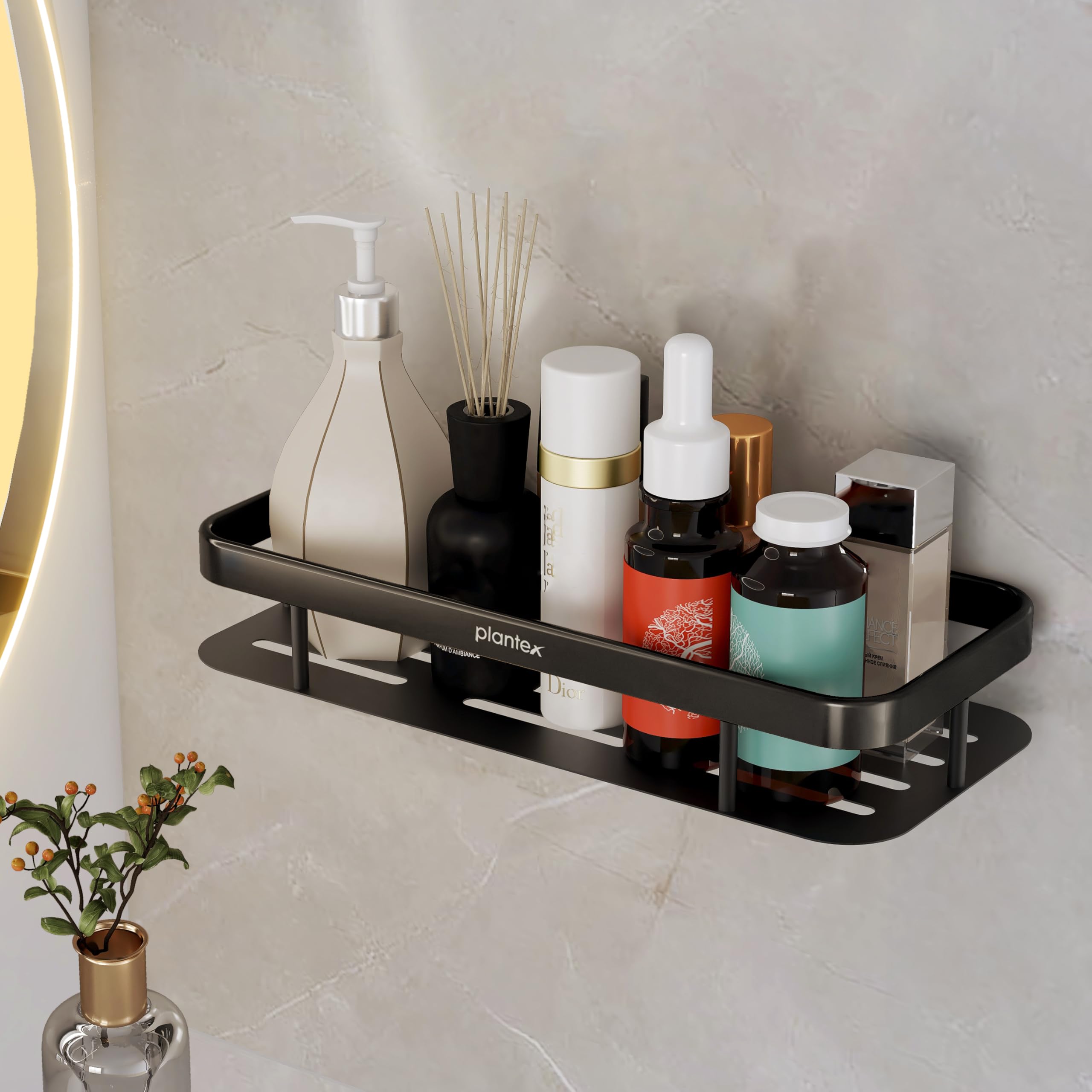 Plantex Bathroom Organiser Without Drill/Self Adhesive Shelf for Bathroom Wall/Aluminium Bathroom Shelf with Magic Stickers(12x5 inches, Matt Black)-image-0