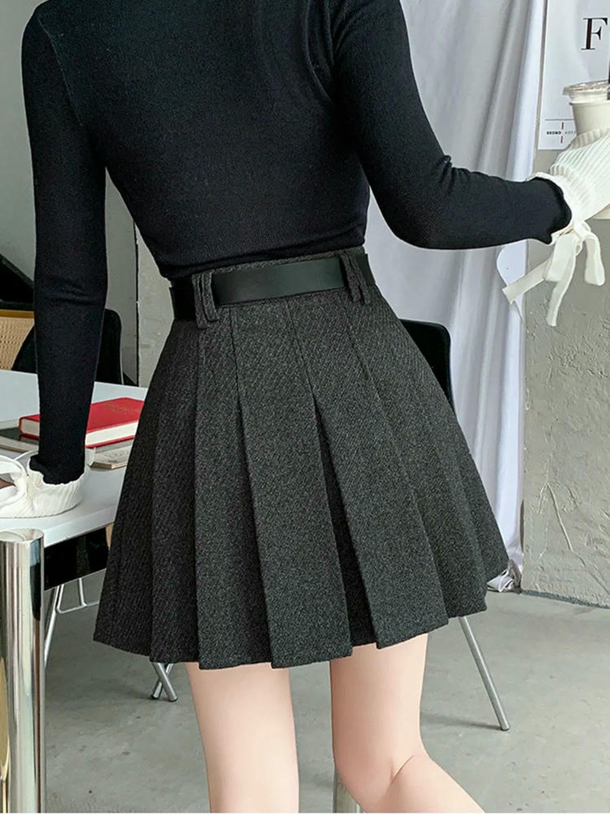 Gonna Lunga Mini A Pieghe Invernale Vintage da Donna Streetwear Vita Alta Gonne Carine con Pantaloncini Cintura Nera Grigia Donna-Grigio Scuro-l