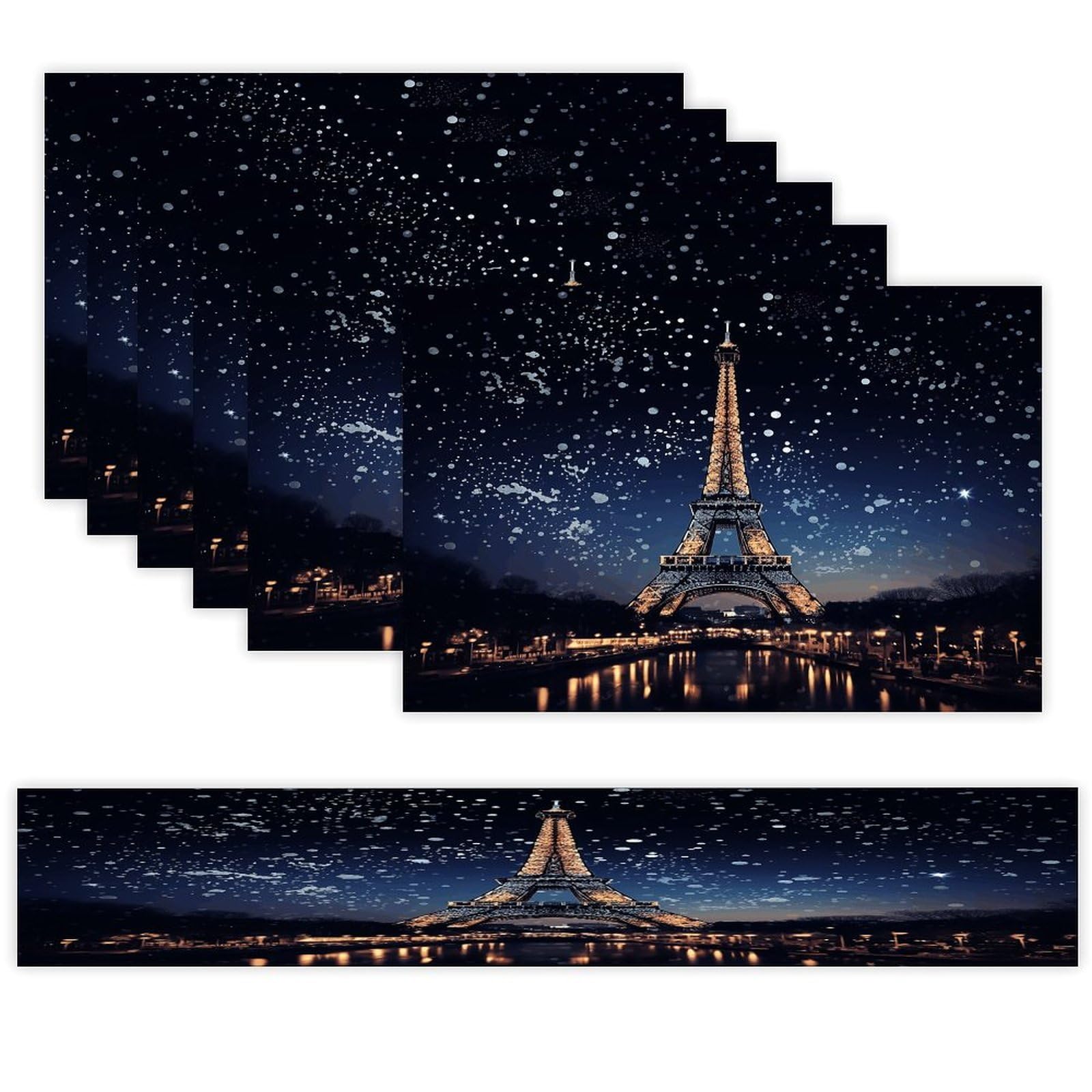 Night Paris Eiffel Tower Table Runner and Placemats of 6 Washable Heat Resistant Place Mats with Table Runner Vintage Holiday Table Mat Set for Holiday Party Kitchen Dining Deco
