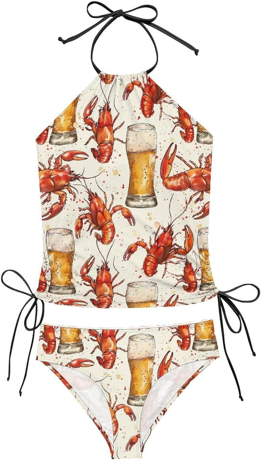 Beer and Crawfish Funny Women's String Swimwear Set 2 Pcs Tankini Swimsuits Bathing Suit