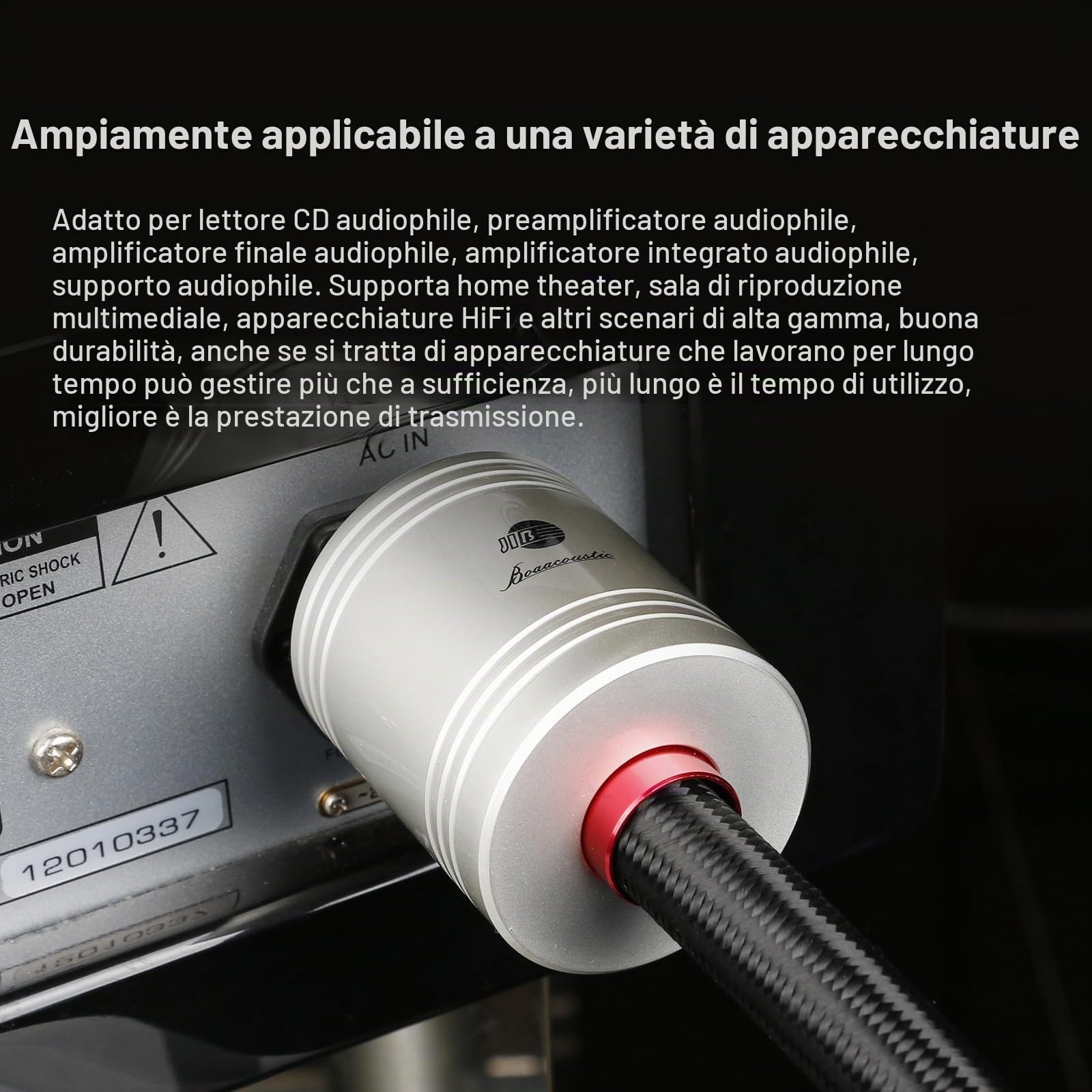 BOAACOUSTIC JIB Cavo di alimentazione Spina di contatto di protezione High end Audiofila 3 x 3,6 mm² Ø 16 mm con anello in ferrite, presa Schuko per giunzione a freddo 2m