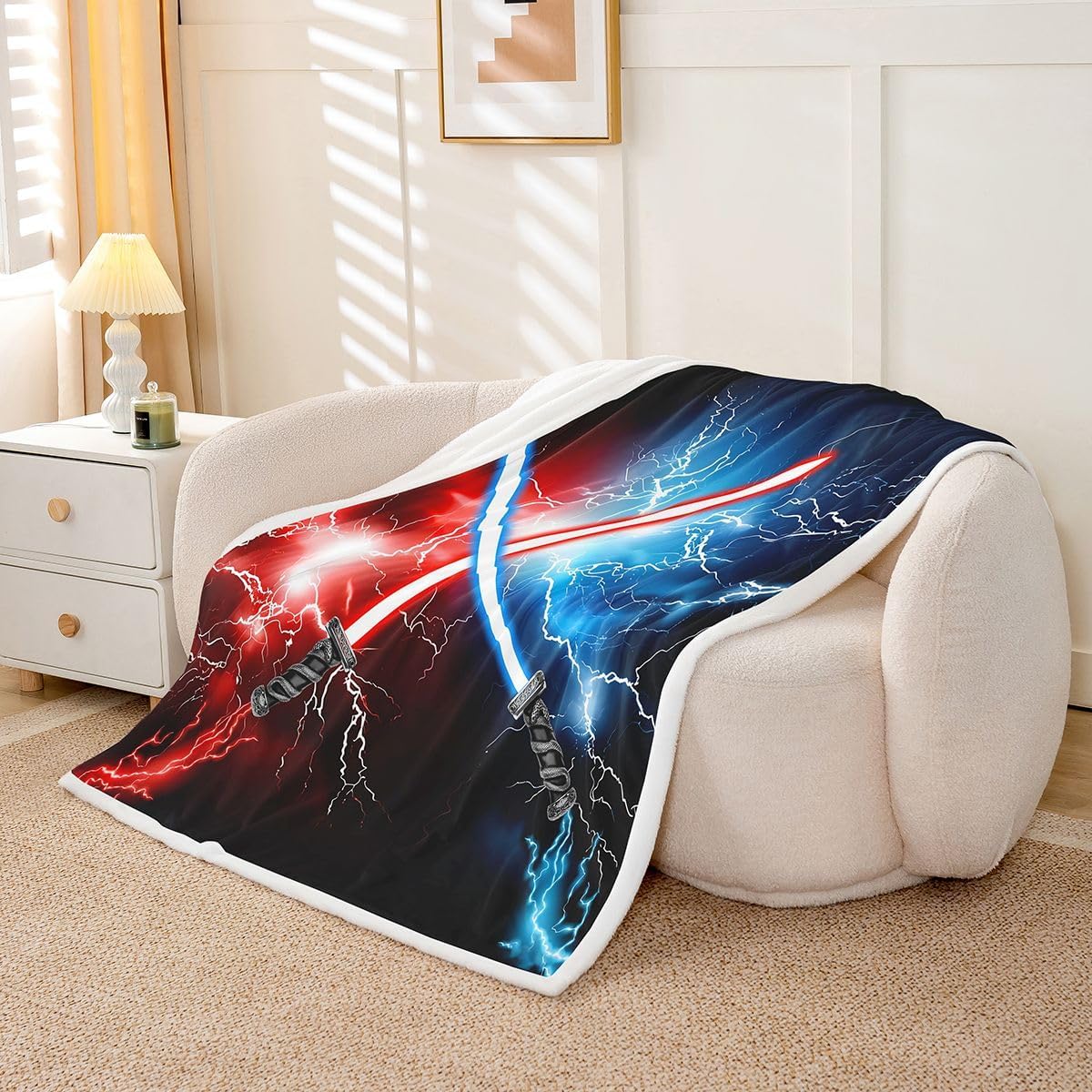 Feelyou Lightsaber Fleece Throw Blanket Twin 60"x80" Kids Red Blue Plush Blanket for Boys Teens Lightsaber Grommet Sherpa Blanket Future Technology Fuzzy Blanket Room Decor