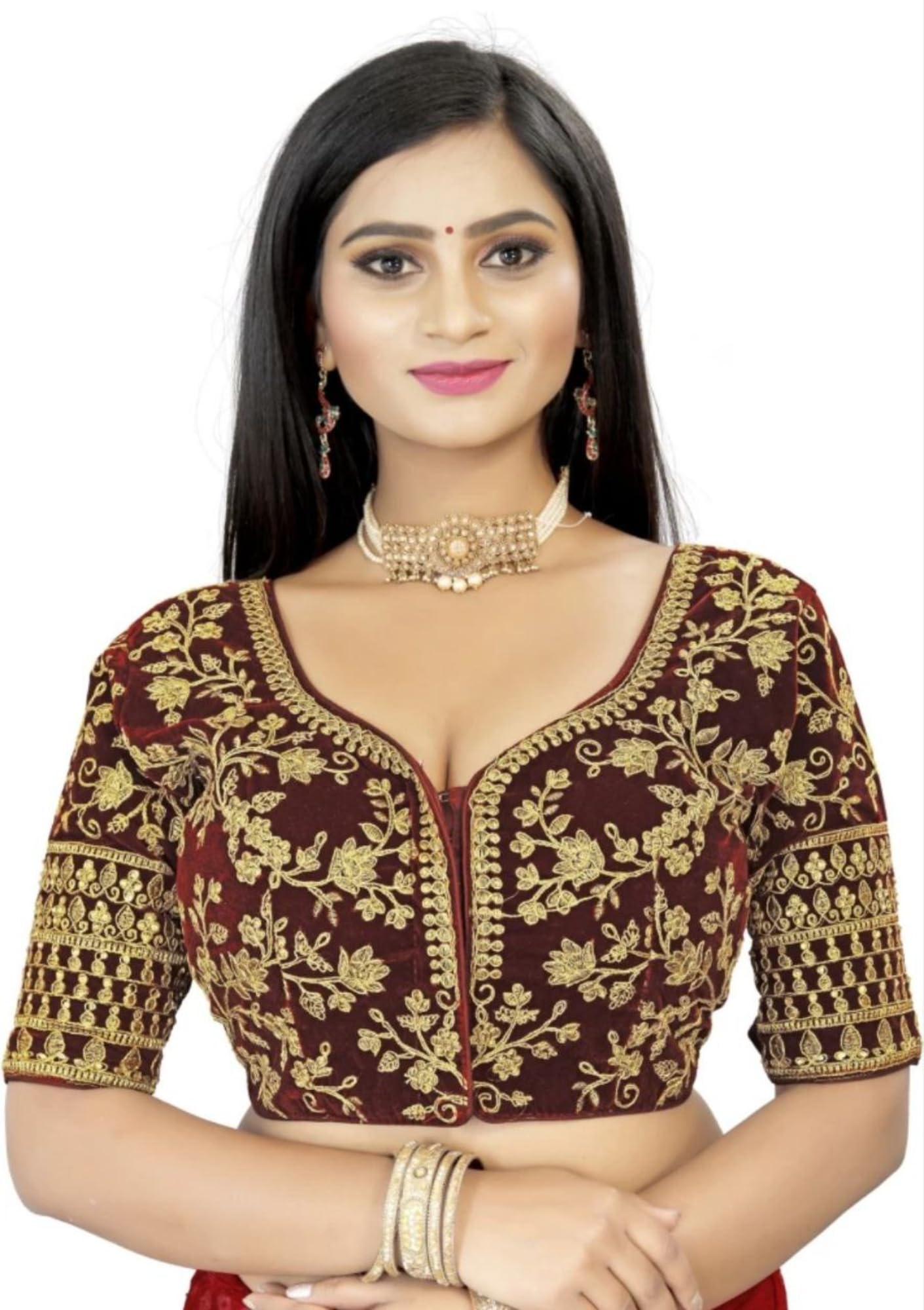 shrisay creation Women's Tapeta Velvet Heavy Full Coding Embroidery Work Blouse - V Neck -3/4 Sleeve Blouse-PC-5571-picture-28