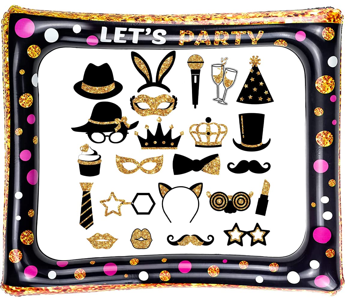 1piece Inflatable Photo Booth Frame, 24pcs Moustache Glasses Hats Photo Booth Props,Birthday Prom Wedding Baby Shower Party Accessories