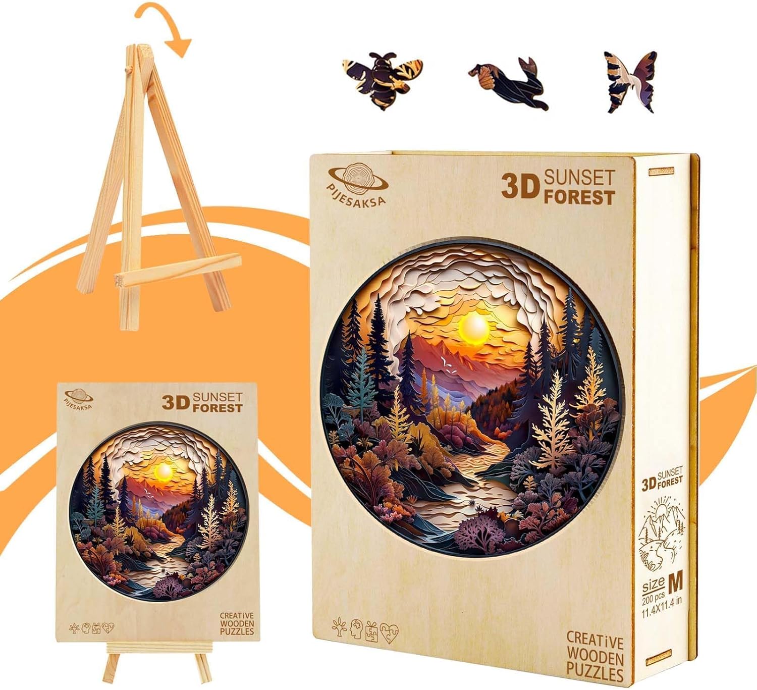 Wooden Puzzles for Adults - Sunset Forest Puzzle, Flat Puzzle with 3D Visual Effect, Unique Shape Wooden Jigsaw Puzzles, Good Gift Idea for Family and Friends (M-11.4 * 11.4in - 200 Pieces)