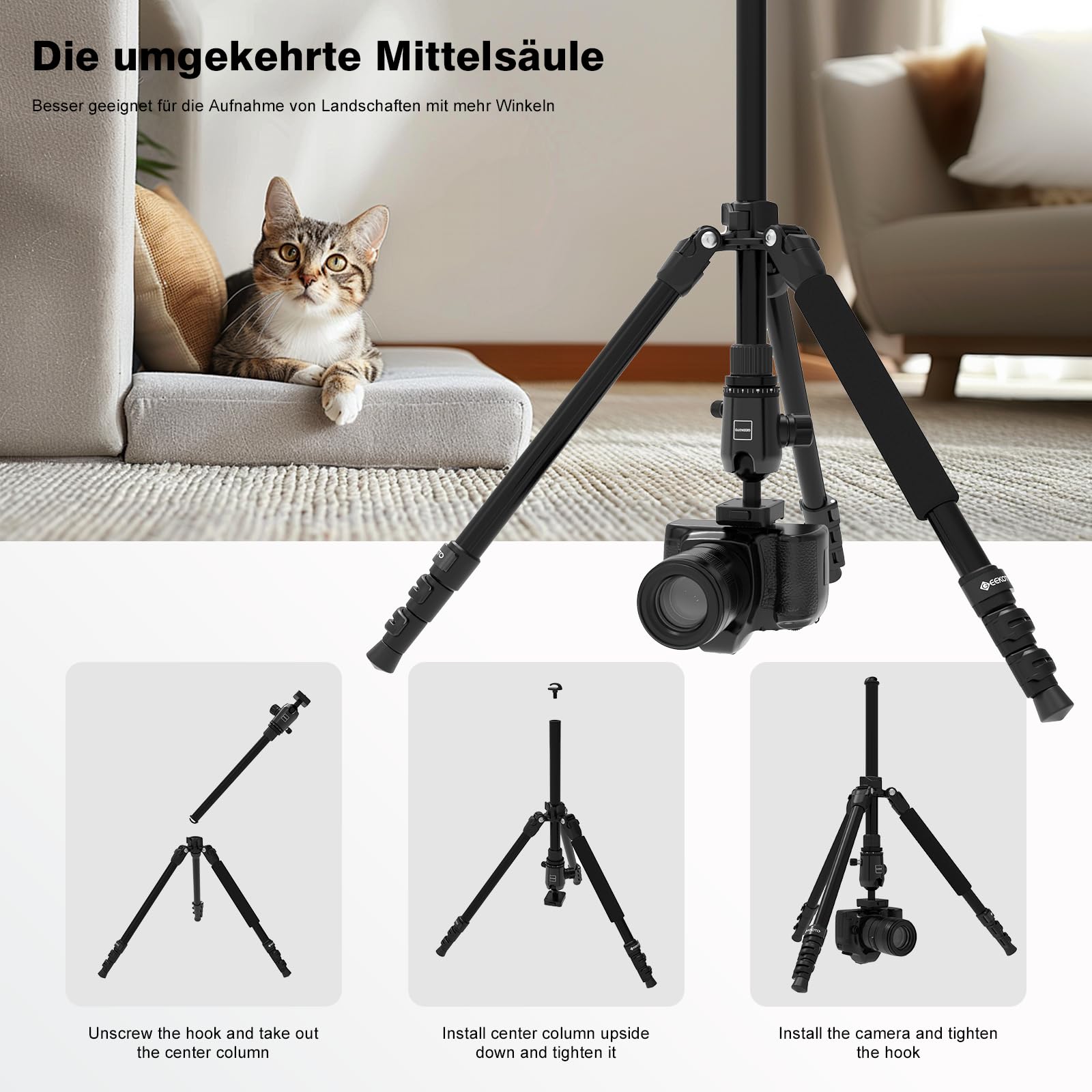 GEEKOTO Treppiede per fotocamera da 77", DSLR Camera Tripod in alluminio, con monopiede e testa a sfera panoramica a 360°, piastra a sgancio rapido 1/4 e custodia per treppiede per fotocamera reflex