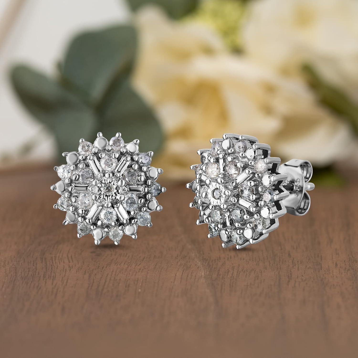 Natalia Drake Round Baguette Cluster 1/2 Cttw Diamond Stud Earrings for Women in Rhodium Plated 925 Sterling Silver
