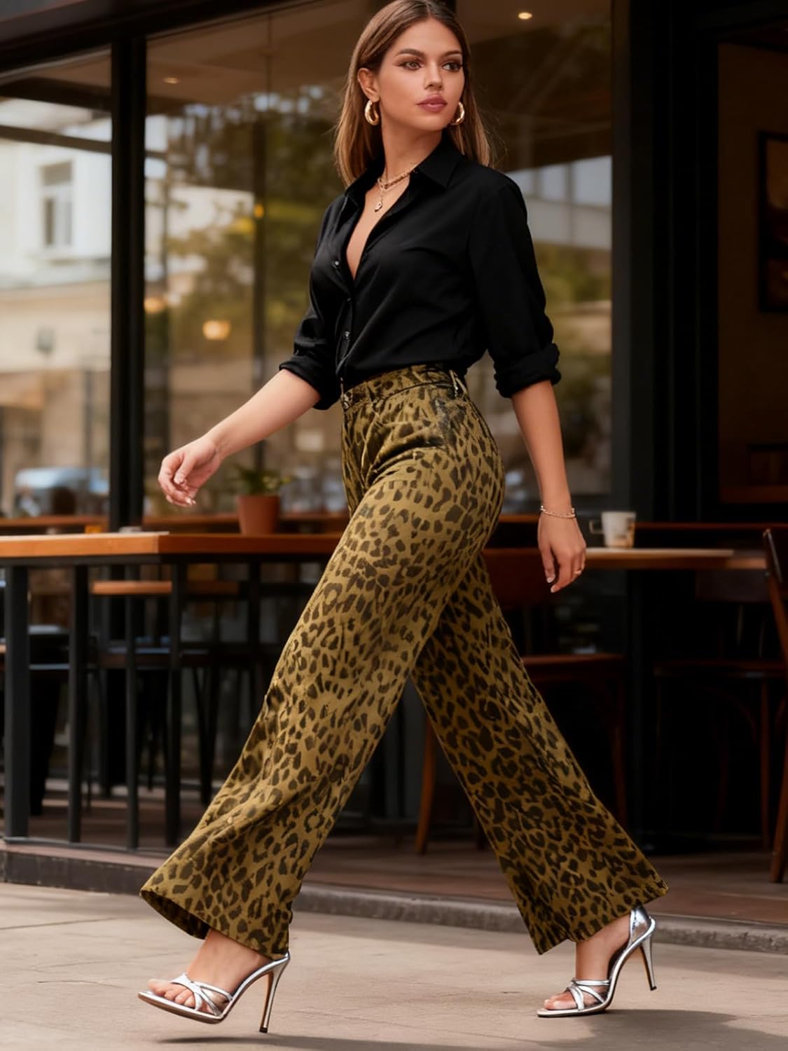 ONESO Mid-Low Rise Baggy Jeans Wide Leg for Women Distressed Pants Stretchy Bottom Lady Basic Comfortable Denim