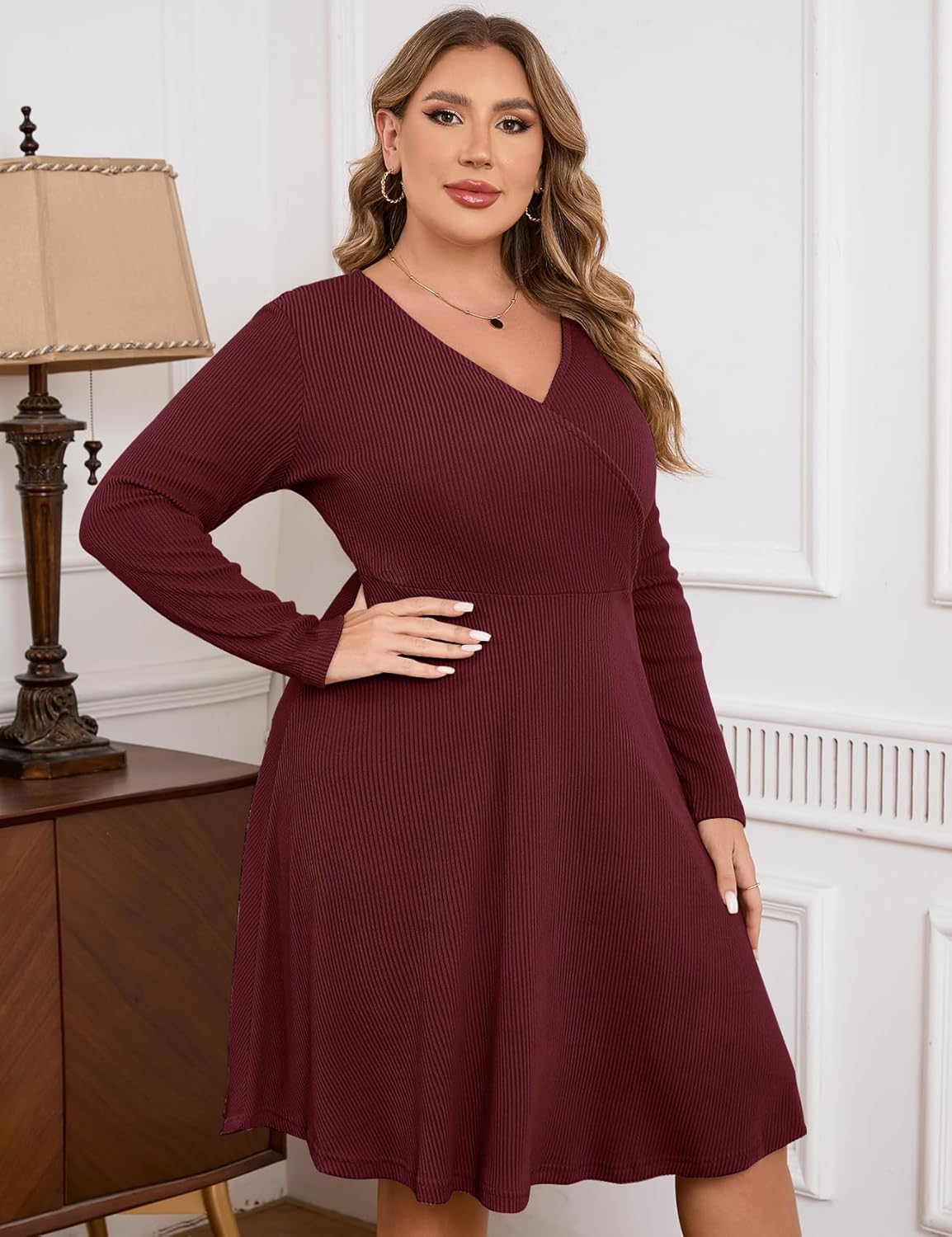 ZOMVA Plus Size Sweater Dress V Neck A-line Knee Length Dress Fall Winter Casual Ribbed Knit Long Sleeves - Image 2