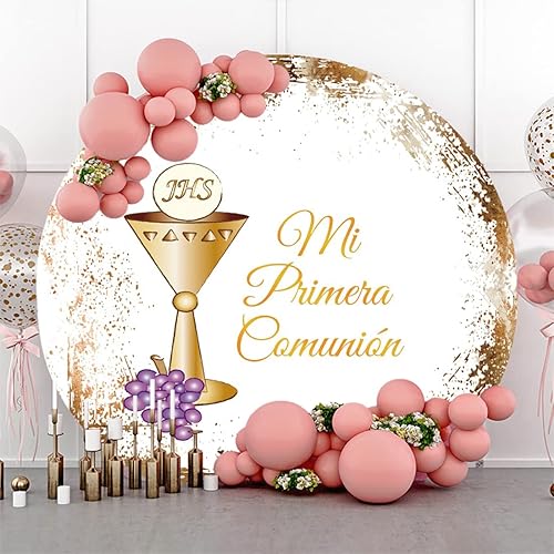 Miniatura 3 de Fondo redondo de bautismo de 7.2 pies de diámetro, Mi Primera, Comunión, bautizo, Dios bendiga oro con purpurina, cáliz morado, uvas moradas,