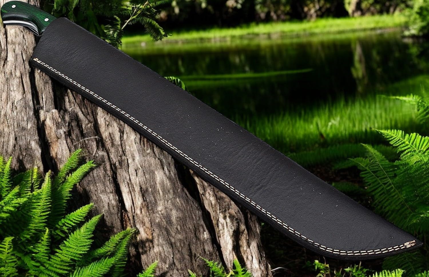 20" Custom Handmade Damascus Steel Machete with Green Pakka Wood Handle with Leather Sheath