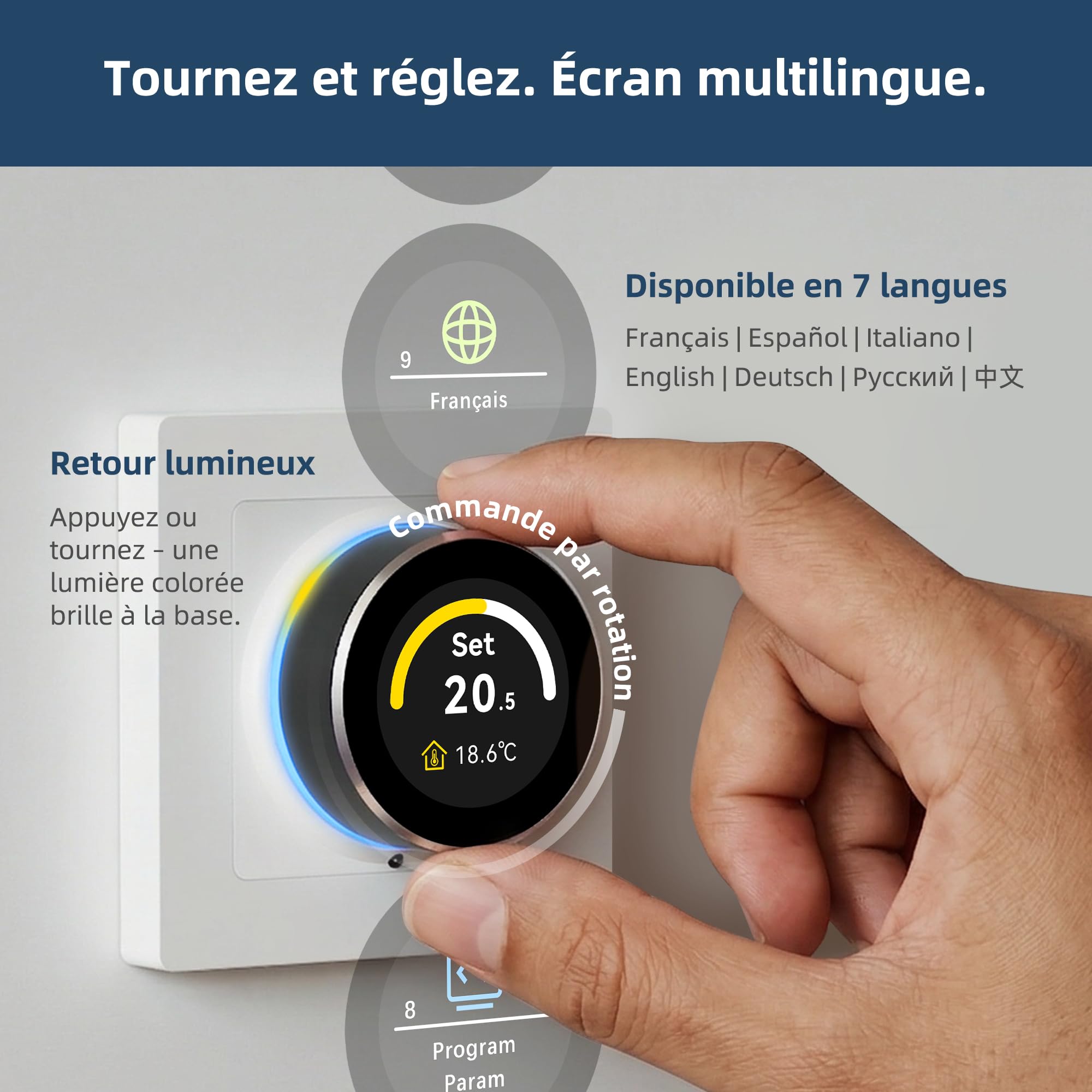 Beok Thermostat Connecté Intelligent WiFi, avec Sonde Extérieure, Régulateur Température Rotatif, Écran Couleur, Programmable 16A pour Chauffage Sol Électrique, Compatible Alexa/Google Home