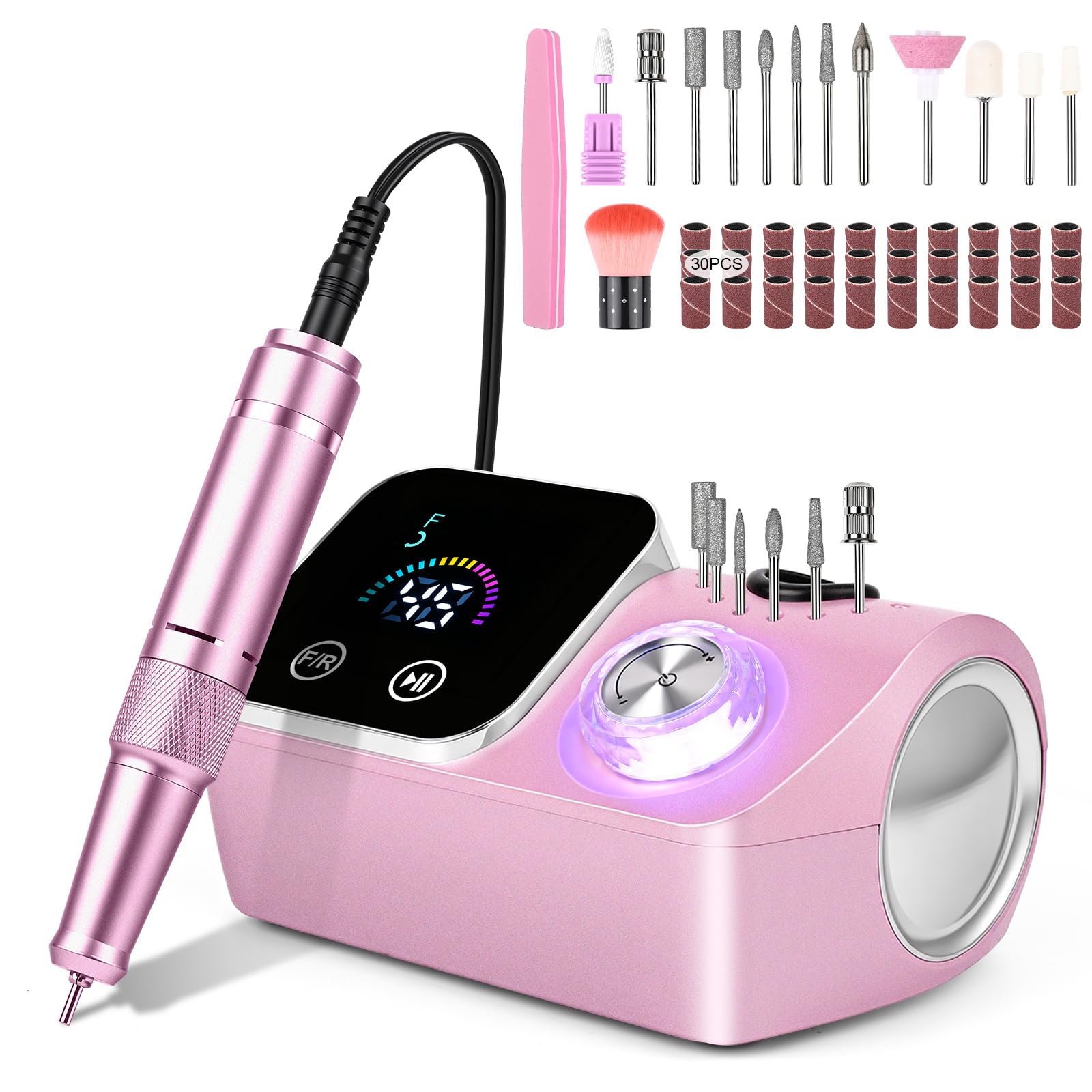 Ponceuse pour Ongles Professionnelle 45000 RPM,12 en 1 Lime a Ongle Electrique Portable,Ponceuse Ongles avec Écran LCD & Support,Lime à Ongle Electrique Silencieux,Conçu pour Les Salon,(Rose)