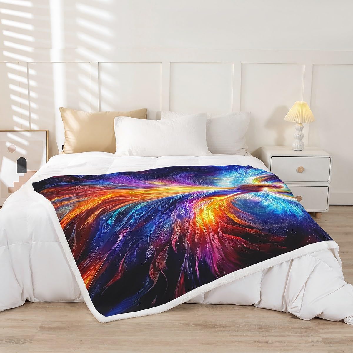 Erosebridal Rainbow Angel Throw Blanket Twin Colorful Feather Wings Blanket Mysterious Dreamy Angel Fleece Blankets Magic Guardian Sherpa Blankets for Kids Girls Women
