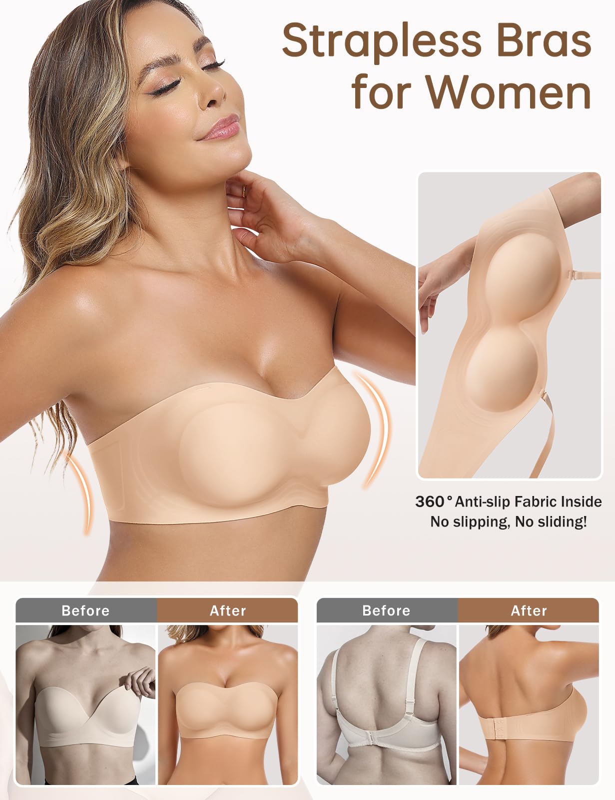 UMIPUBO Sujetador Sin Tirantes Mujer Sin Aros Push Up Invisible Sin Costuras Multiposicion Ajustables Bandeau Top con Relleno y Transparente Extraíbles Tirantes Antideslizante