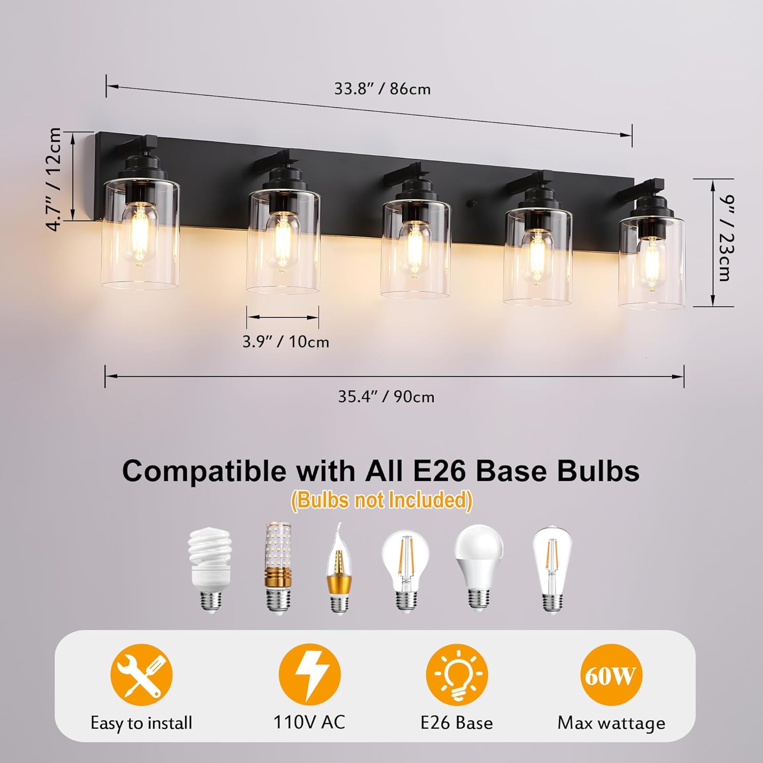Black Bathroom Light Fixture, 5 Light Matte Black Vanity Light, 35.4" Modern Bathroom Lighting Fixtures Over Mirror, with Clear Glass Shade, Vanity Lights for Bathroom Bedroom Hallway
