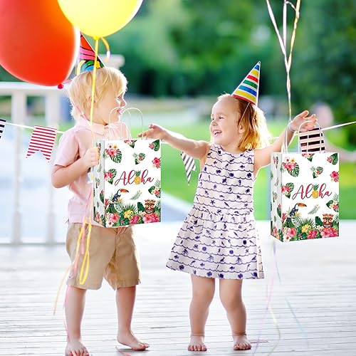Miniatura 6 de Pajean Paquete de 32 bolsas de regalo hawaianas Luau Party Summer Tropical Palm Leaf Bolsa de papel con asa para dulces Verano Tropical Aloha