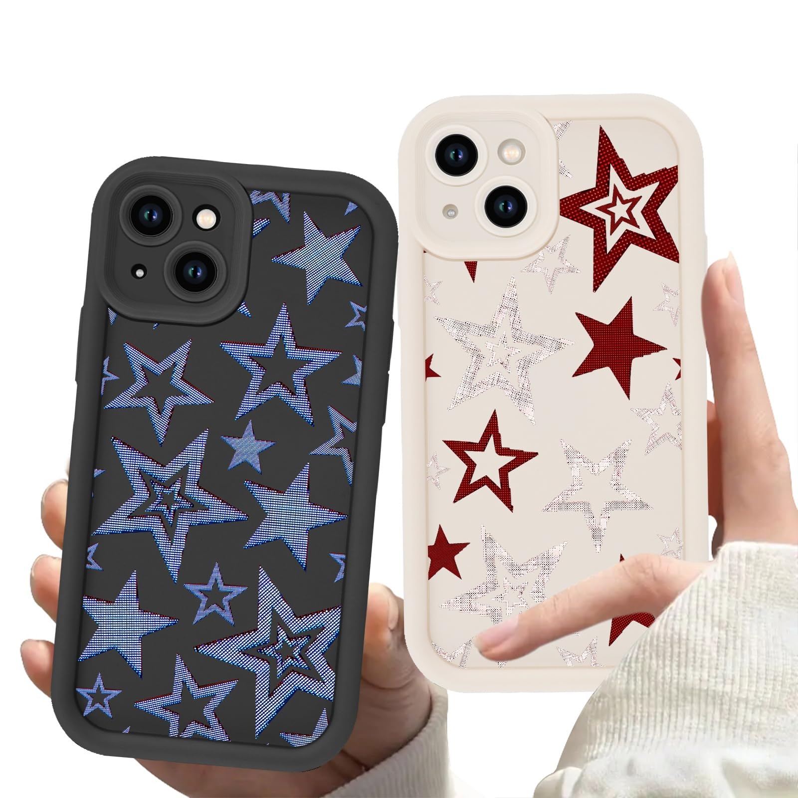 Zrutru 2 Pack Cool Stars Phone Case for iPhone 14 6.1",Cute Y2K Blue Red Star Cases Aesthetic Trendy Design Cover for Women Men Girls,Black White Slim