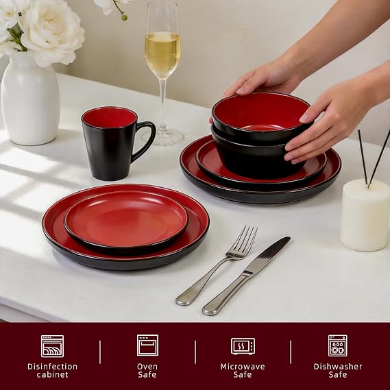 Stoneware Dinnerware Set Service for 4, 16 Piece Two Tone Handmade Plates Bowls Set, Chip & Crack Resistant Modern Tableware, Red and Black