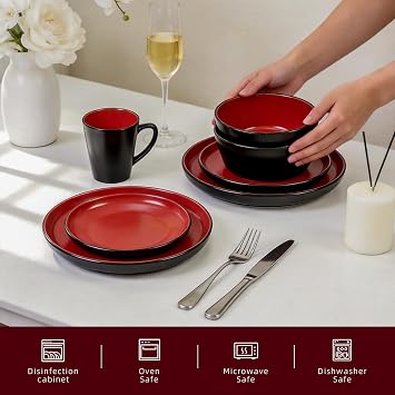 Stoneware Dinnerware Set Service for 4, 16 Piece Two Tone Handmade Plates Bowls Set, Chip & Crack Resistant Modern Tableware, Red and Black