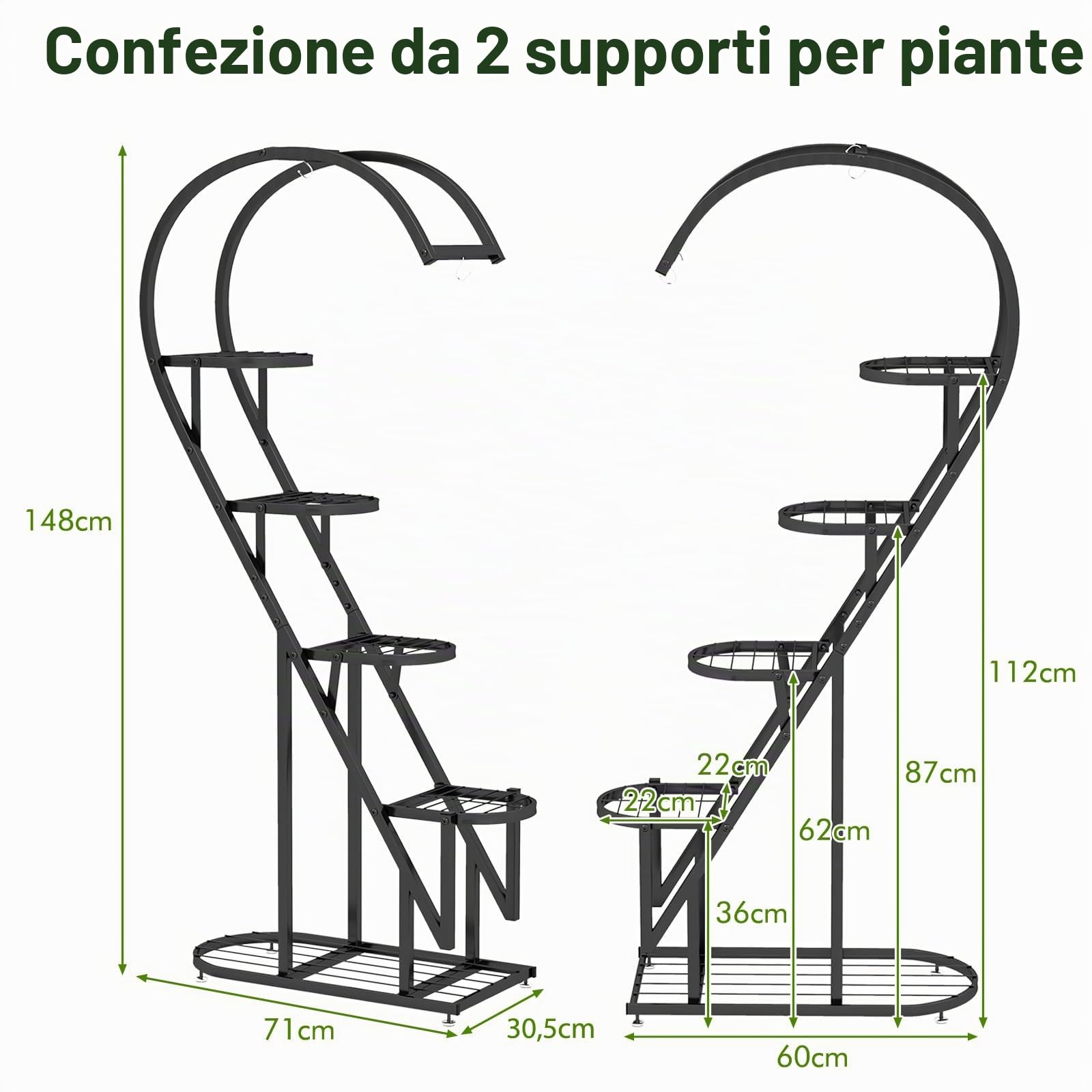 HOMASIS Scaffale Portapiante a Forma di Cuore con 5 Livelli, Portavasi in Ferro, Scaffale Multilivello con Ganci per Interni & Esterni, Adatto per Matrimoni, San Valentino (Nero)