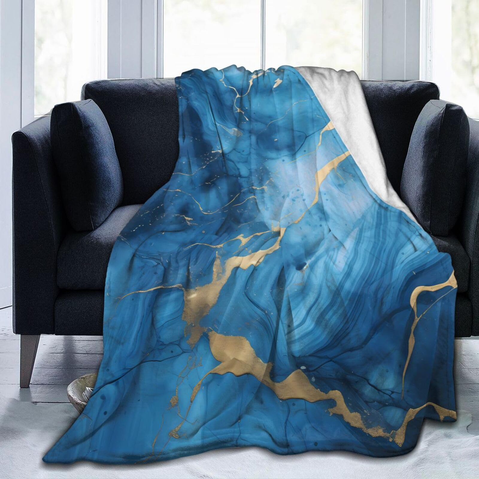 Jeté de canapé bleu marbré Mexpekil plaid imprimé liquide de 150x125 cm