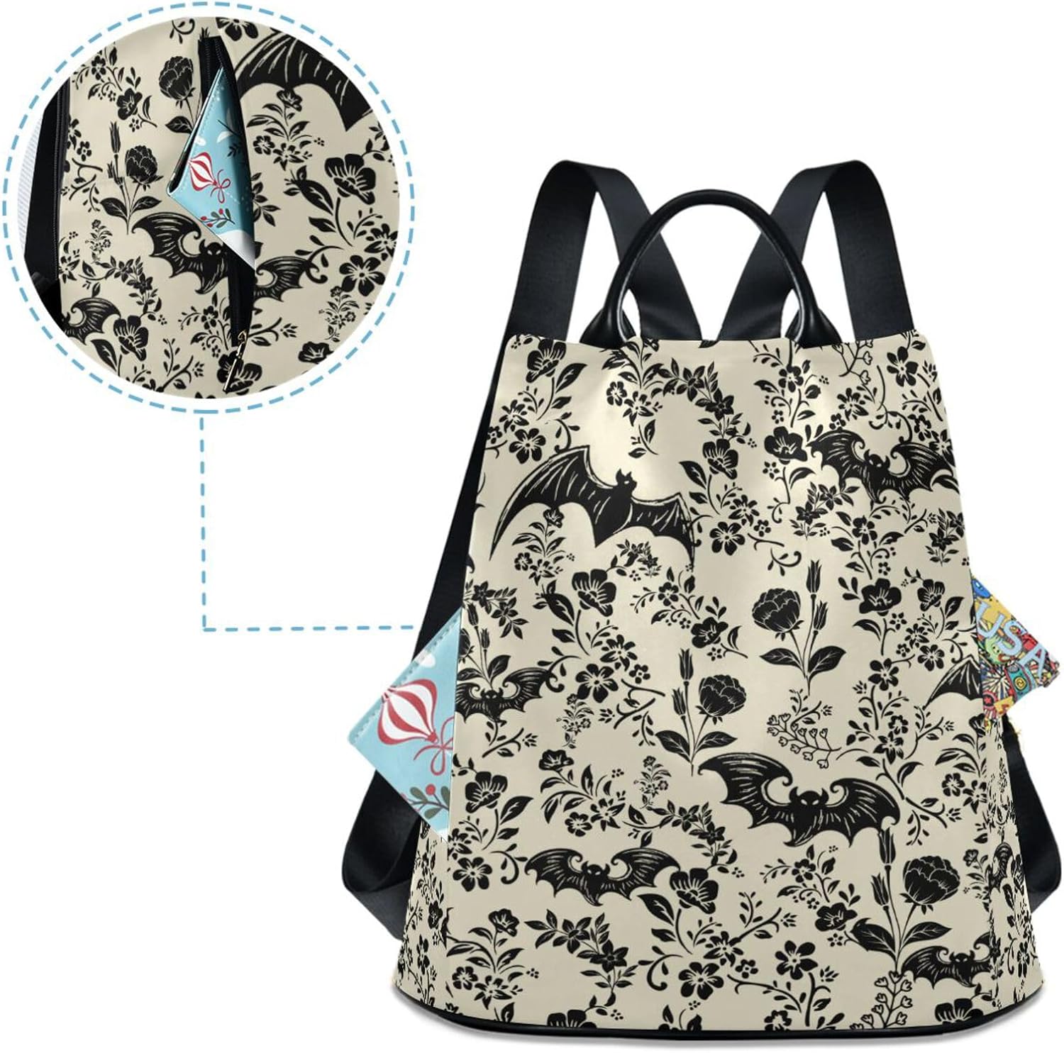 CBBYY Goth Bat Backpack Purse for Women Nylon Anti-theft Travel Backpack Lightweight Shoulder Bag with Plush Ball Keychain - Image 4