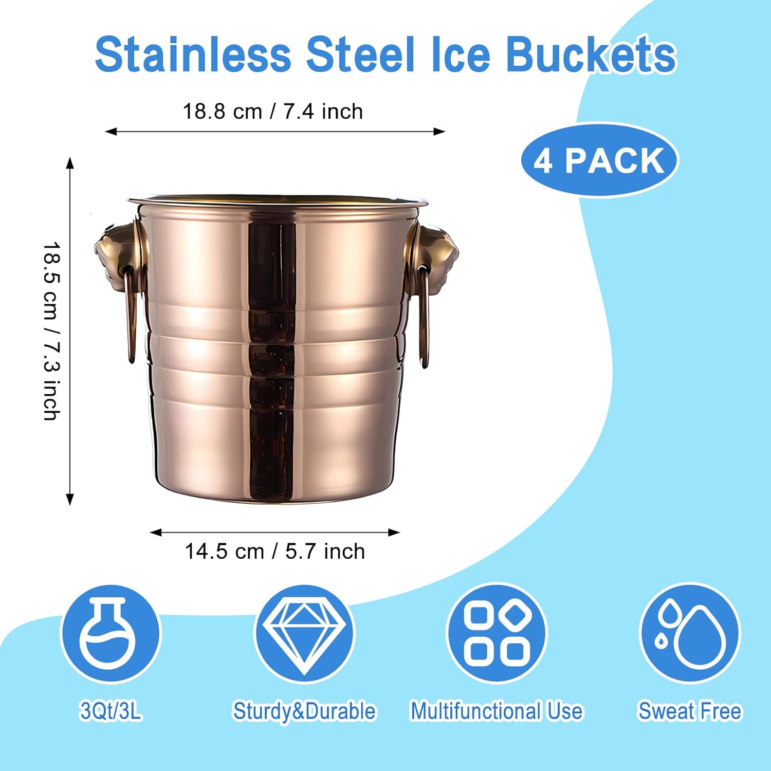 4 Pcs Stainless Steel Champagne Bucket, 3 Qt Double Wall Ice Bucket with Handles, Metal Wine Chiller for Champagne, Beer, Cocktails, Home Bar, Party Beverage Cooler (Rose Gold)