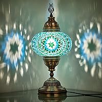 DEMMEX 7" Large Turkish Moroccan Mosaic Table Lamp - Handcrafted Tiffany-Style Glass Globe, Vibrant Turquoise Glow, 14"H Bedside Decor